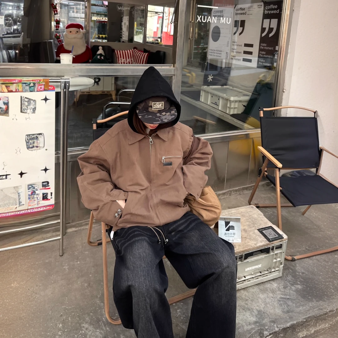 Wea1th 美式复古假两件连帽工装外套男女春季2025新款街头宽松夹