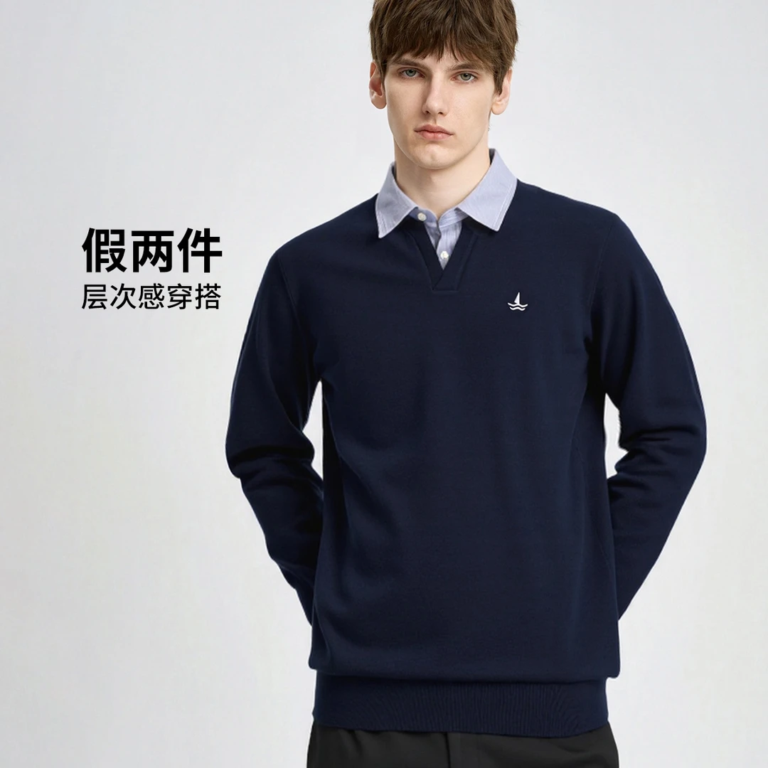 [假两件]navigare意大利小帆船轻商务衬衫领针织衫秋冬套头上衣A
