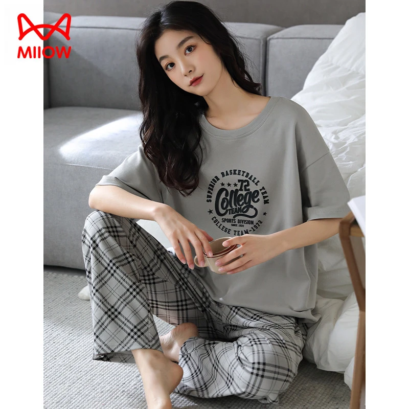 猫人睡衣纯棉短袖长裤圆领套装夏季大码女士宽松休闲可外出家居服