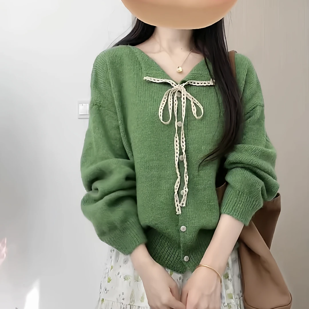 秋季氛围感穿搭蕾丝系带翻领针织开衫上衣女法式休闲外搭毛衣外套
