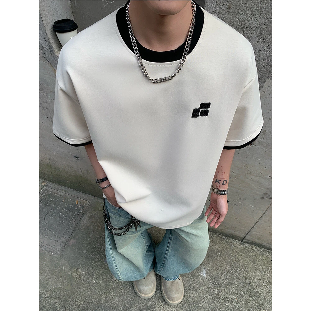 250克液氨棉拼接撞色字母刺绣小众设计感夏季短袖T恤男
