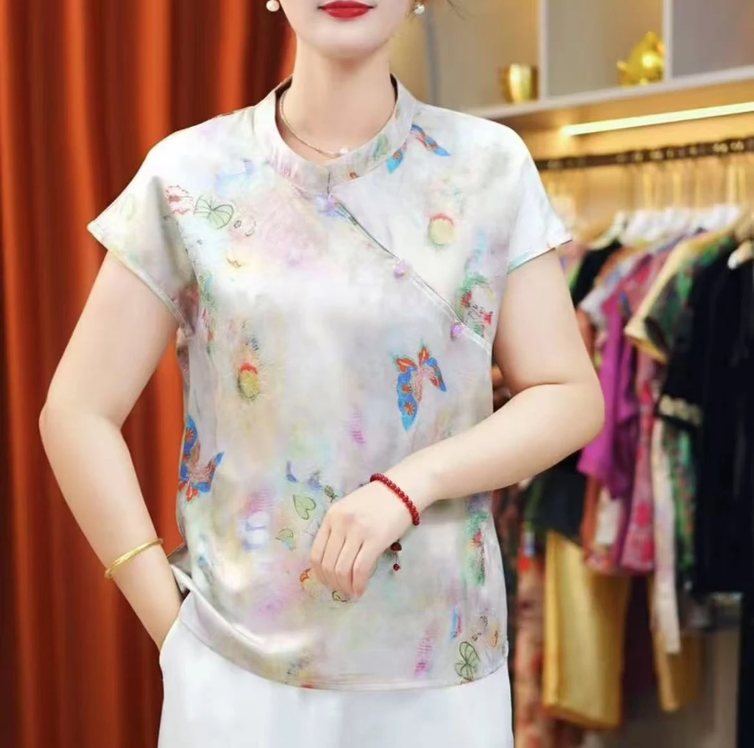 2025夏季新款中式气质百搭时尚 显瘦遮肉斜领短袖