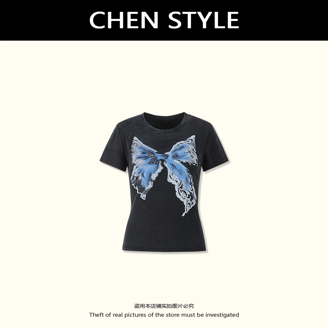 楚楚君【光影蝴蝶】夏季冰感圆领重工烫钻蝴蝶结短袖T恤T41523
