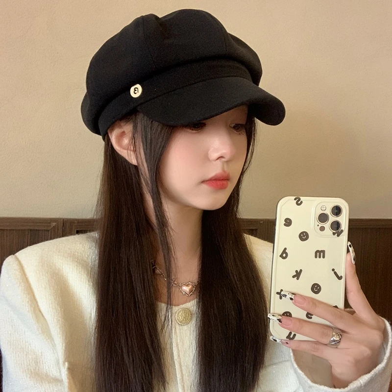 帽子女黑色八角帽韩版潮秋冬季2025新款大头围百搭画家鸭舌贝雷帽