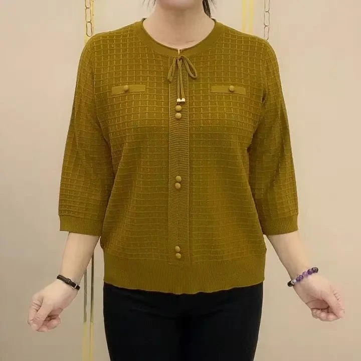 夏季时尚宽松大码妈妈装七分袖针织衫上衣女中老年人打底衫女新款