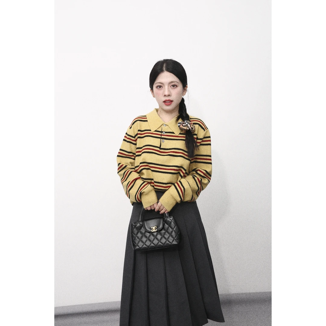 大眼LARGE EYE 小个子复古条纹polo领针织衫女宽松显瘦长袖毛衣
