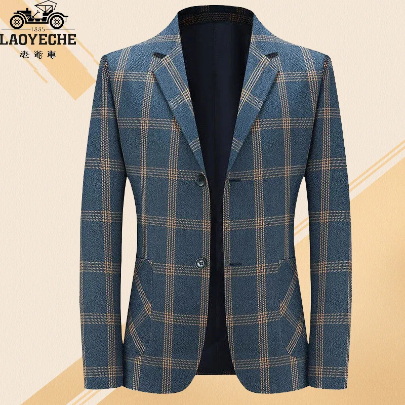 老爷车春秋新款中年男士西服日常休闲百搭西装外套中老年爸爸装