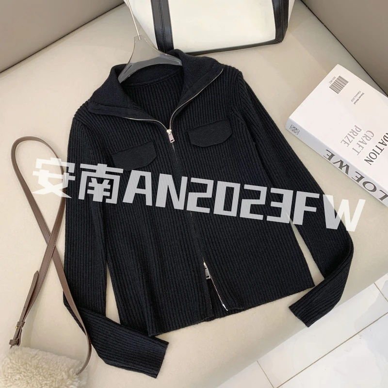 安南AN【通勤百搭】A10454秋冬季新款法式气质双头拉链毛衣开衫外套