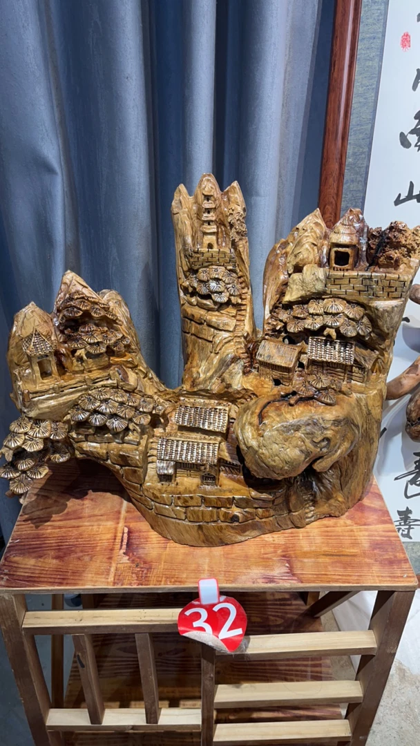 香樟木山里人家根雕摆件