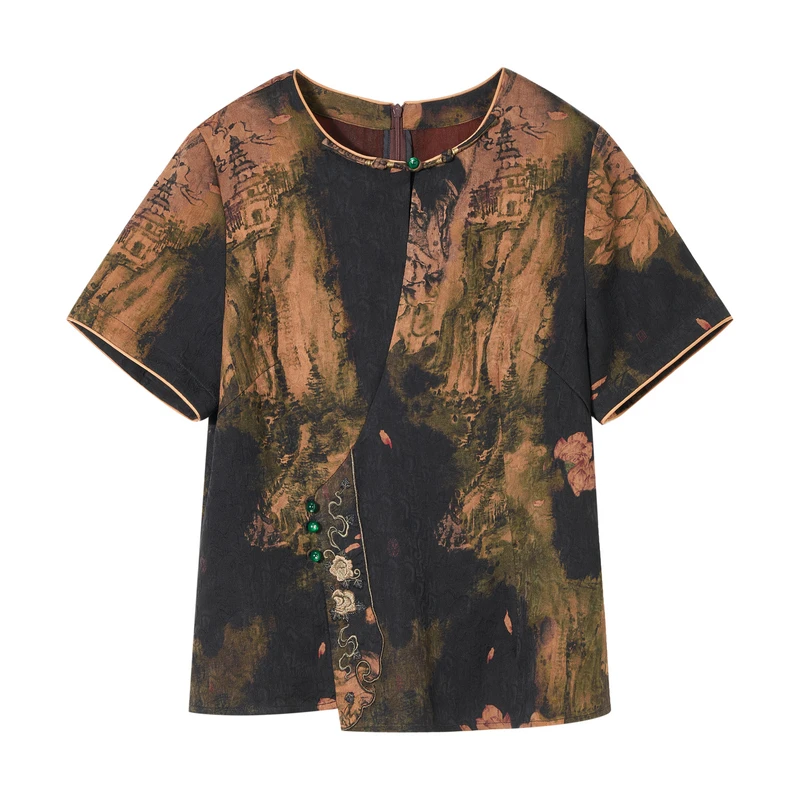 韦小宝25年新款古韵优雅国风香云纱提花花萝短袖小衫-6525101004