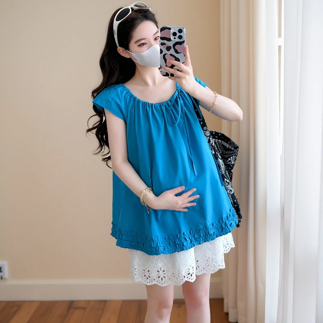 小个子孕妇装夏季新款韩版甜美娃娃衫短袖上衣蕾丝短裤孕期两件套