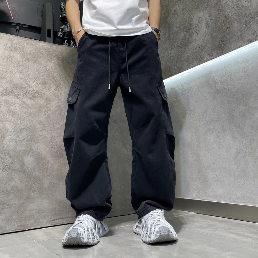 秋冬美式直筒休闲裤复古阔腿宽松日系百搭抽绳男士长裤潮流水洗