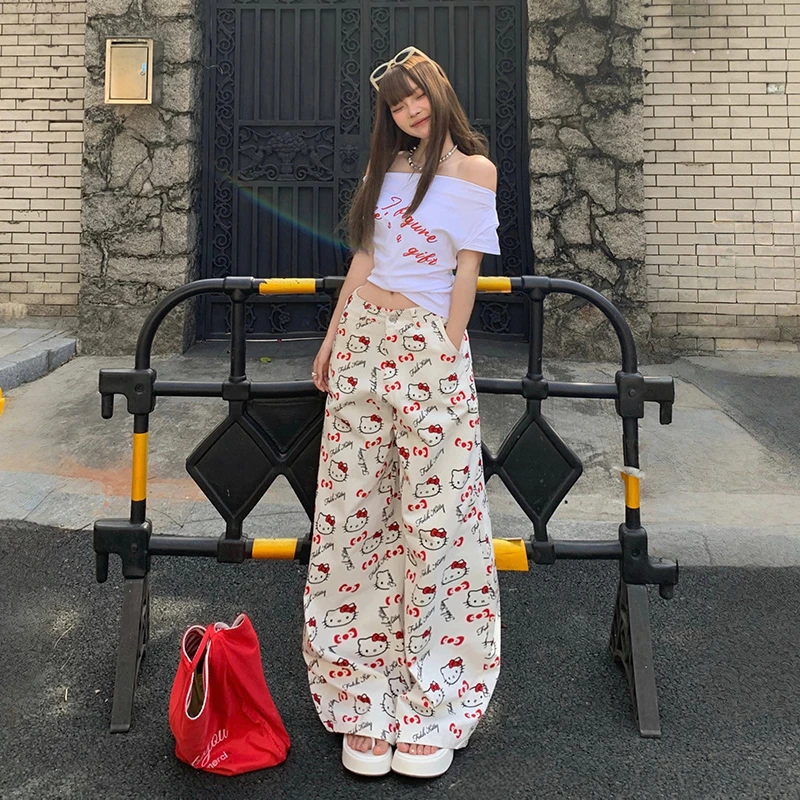 卡通印花高腰阔腿牛仔裤女2025新款宽松显瘦百搭拖地直筒长裤