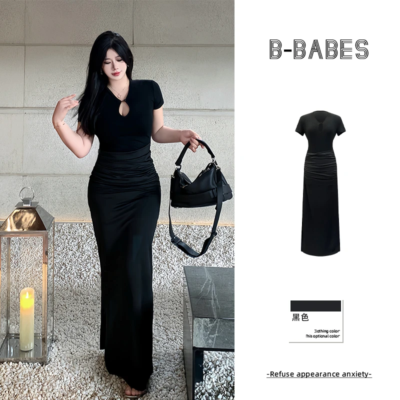 B-babes【梦境交错】假两件大码包臀裙气质收褶修身收腰显瘦长裙