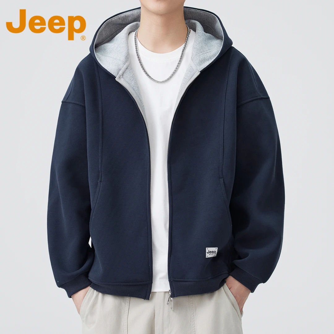 JEEP吉普潮牌拼色连帽开衫卫衣男款早秋季新款宽松百搭上衣服外套