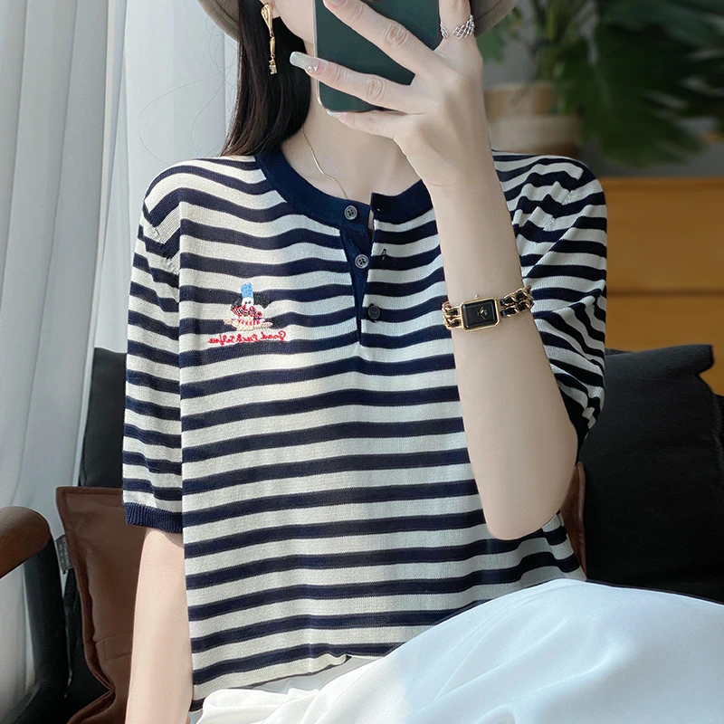 夏装2025新款大码女装薄款条纹针织上衣宽松显瘦百搭圆领短袖T恤