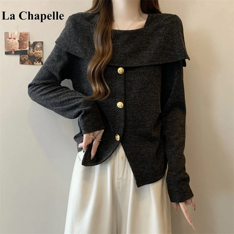 拉夏贝尔大码长袖针织衫女秋季高级感打底衫胖MM遮肚子不规则上衣