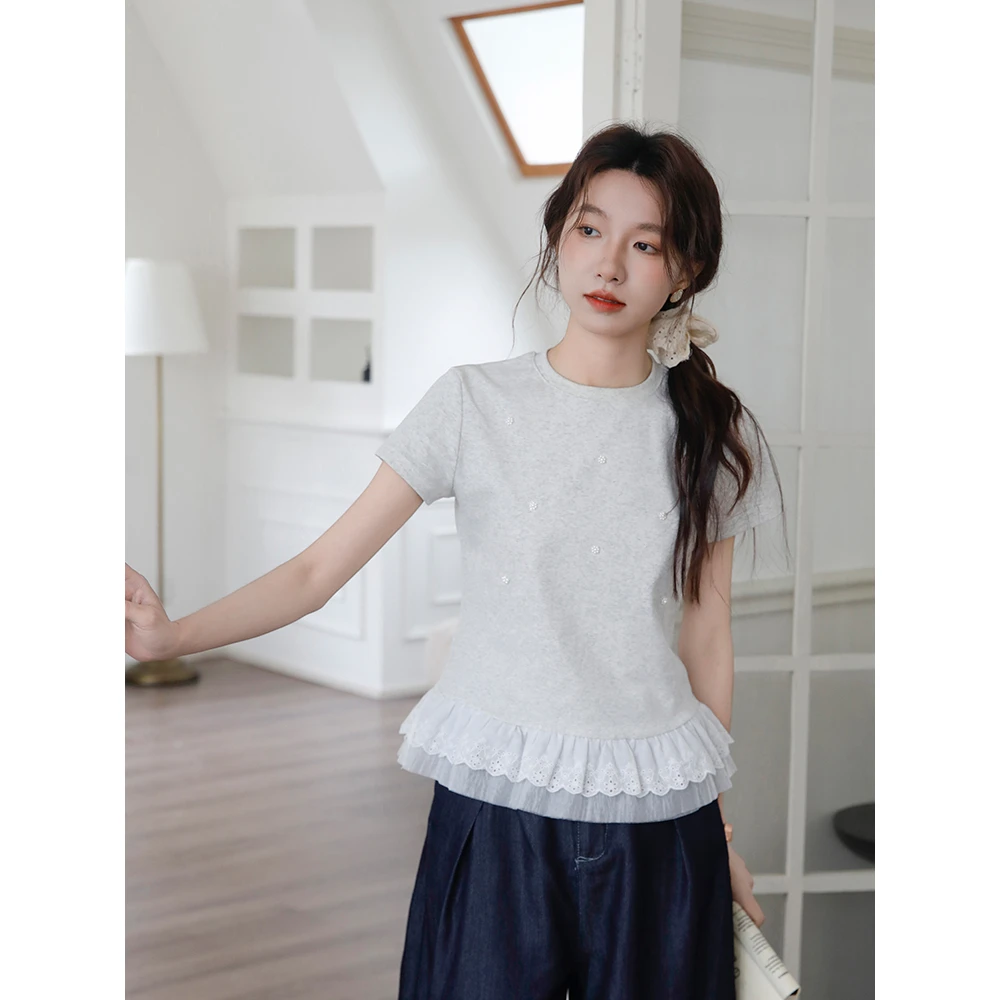 夏季新款小清新蕾丝花边拼接圆领短袖上衣修身显瘦正肩设计感小衫