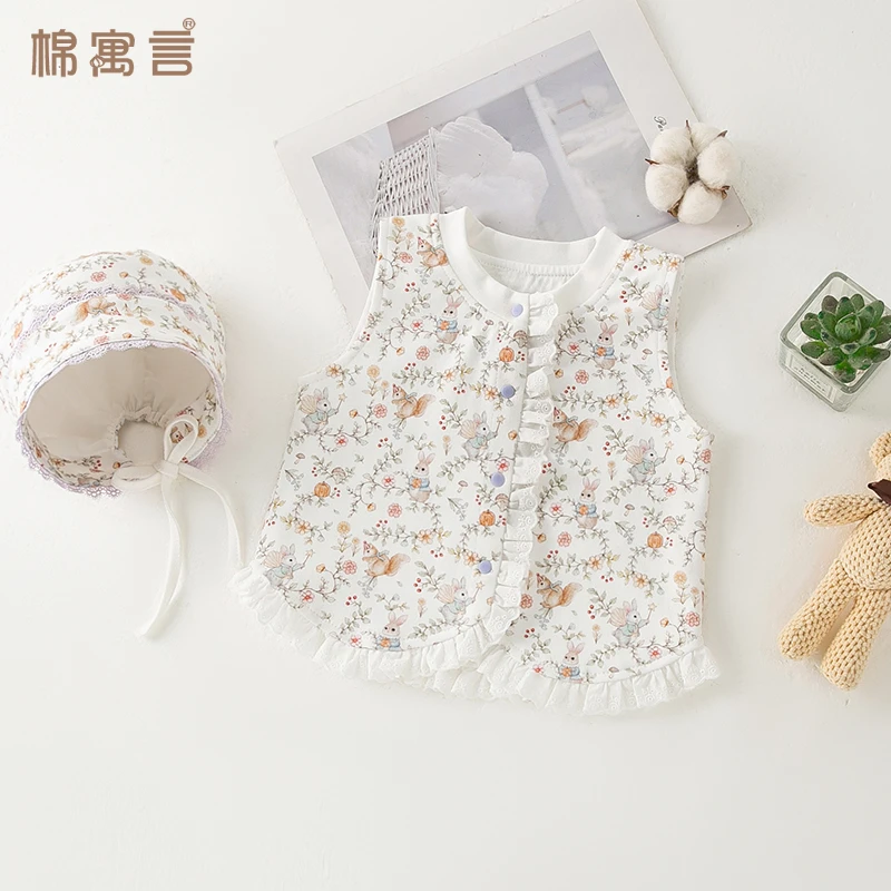 宝宝马夹春秋款纯棉坎肩外穿儿童无袖背心甜美蕾丝开衫婴幼儿马甲