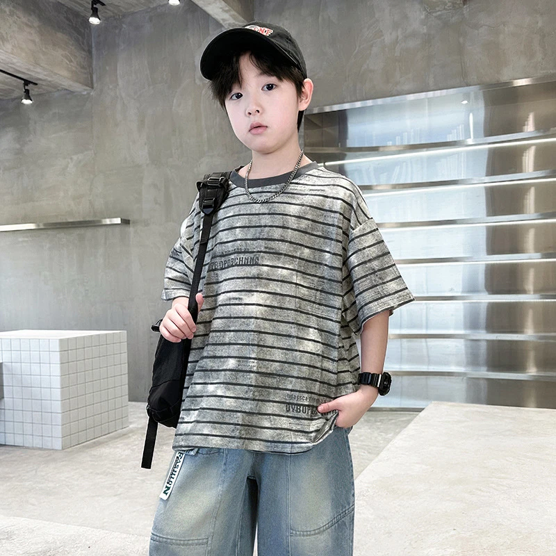 儿童条纹扎染短袖T恤夏季2025年新款男童半袖衣服中大童宽松上衣