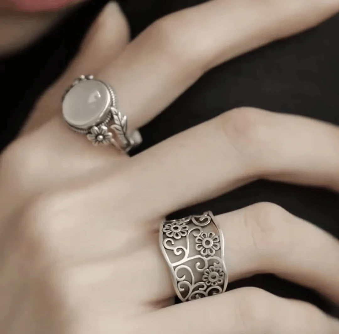 新中式复古花朵枝条戒指女款高级开口可调节轻奢时尚百搭小众指环