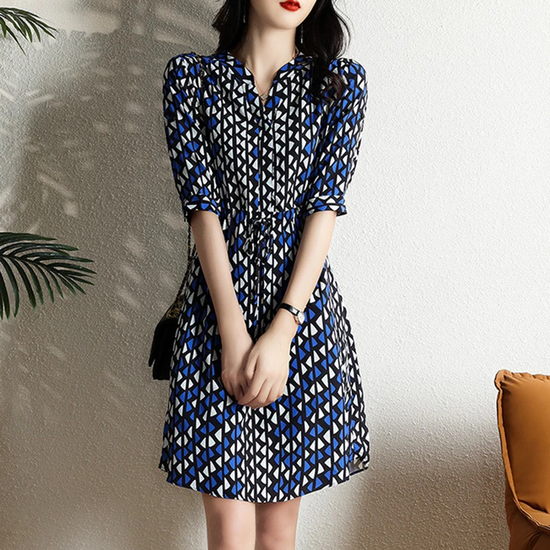 DUCURNO设计感小众印花连衣裙女2025夏季新款复古气质收腰中裙子