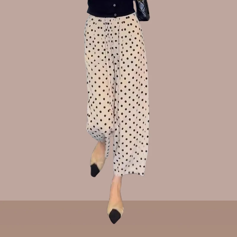 高腰松紧波点阔腿裤女夏季薄款2025新款垂感直筒休闲冰丝九分裤子