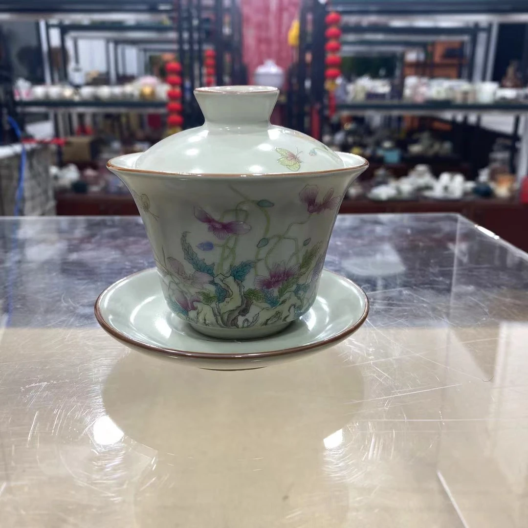 德化云仓 虞美人蝶恋花黄汝三才盖碗-4461