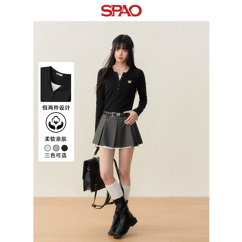 SPAO韩国小熊撞色假两件打底衫女春秋季小熊贴布绣长袖T恤上衣ZL