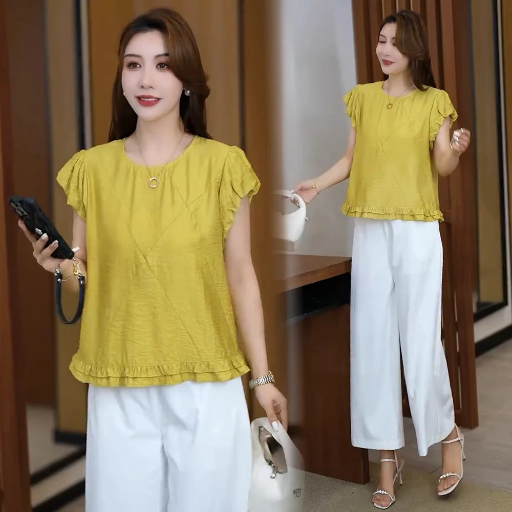 时尚短袖衬衫女小个子2025夏新款洋气木耳边宽松显瘦泡泡袖上衣潮