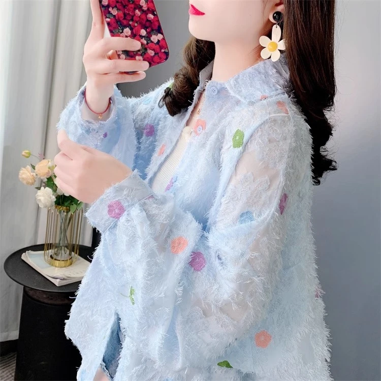 大码女装设计感刺绣小花长袖防晒衬衫春夏2025年新款宽松洋气上衣