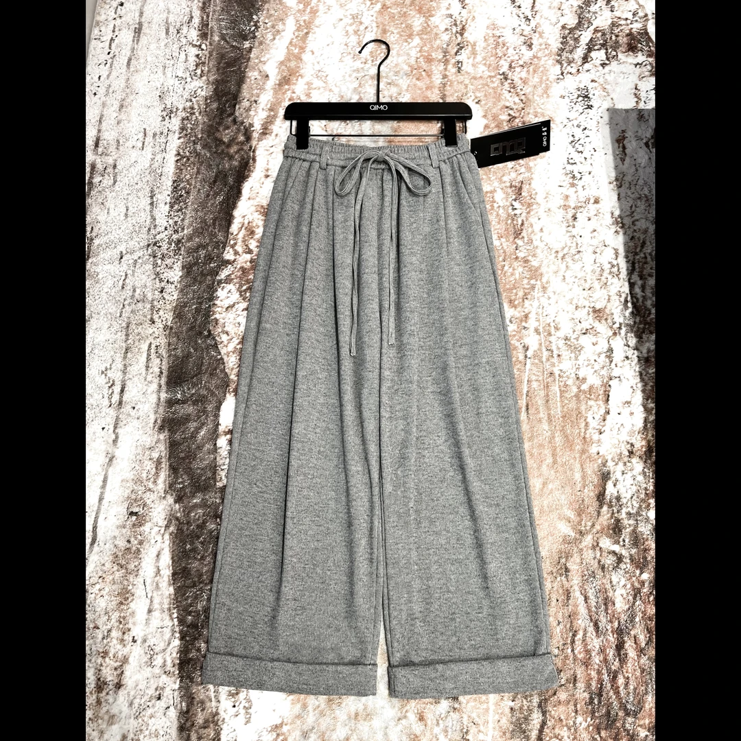 QIMO启茉（A76607#抽绳折边休闲裤）浅灰色