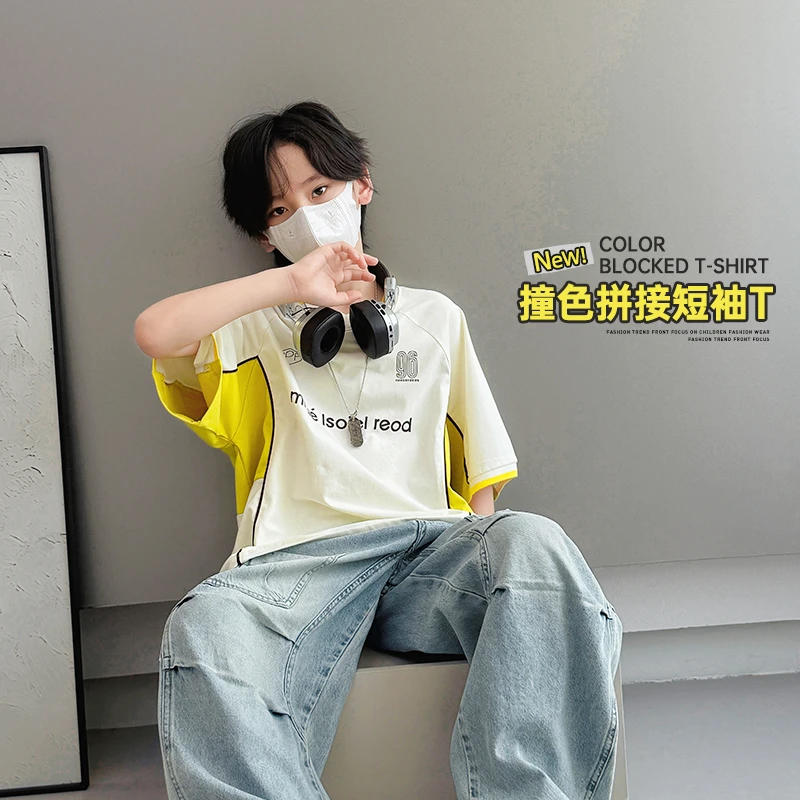 儿童夏季T恤2025新款男童街舞短袖炸街上衣潮男孩半袖中大童夏装