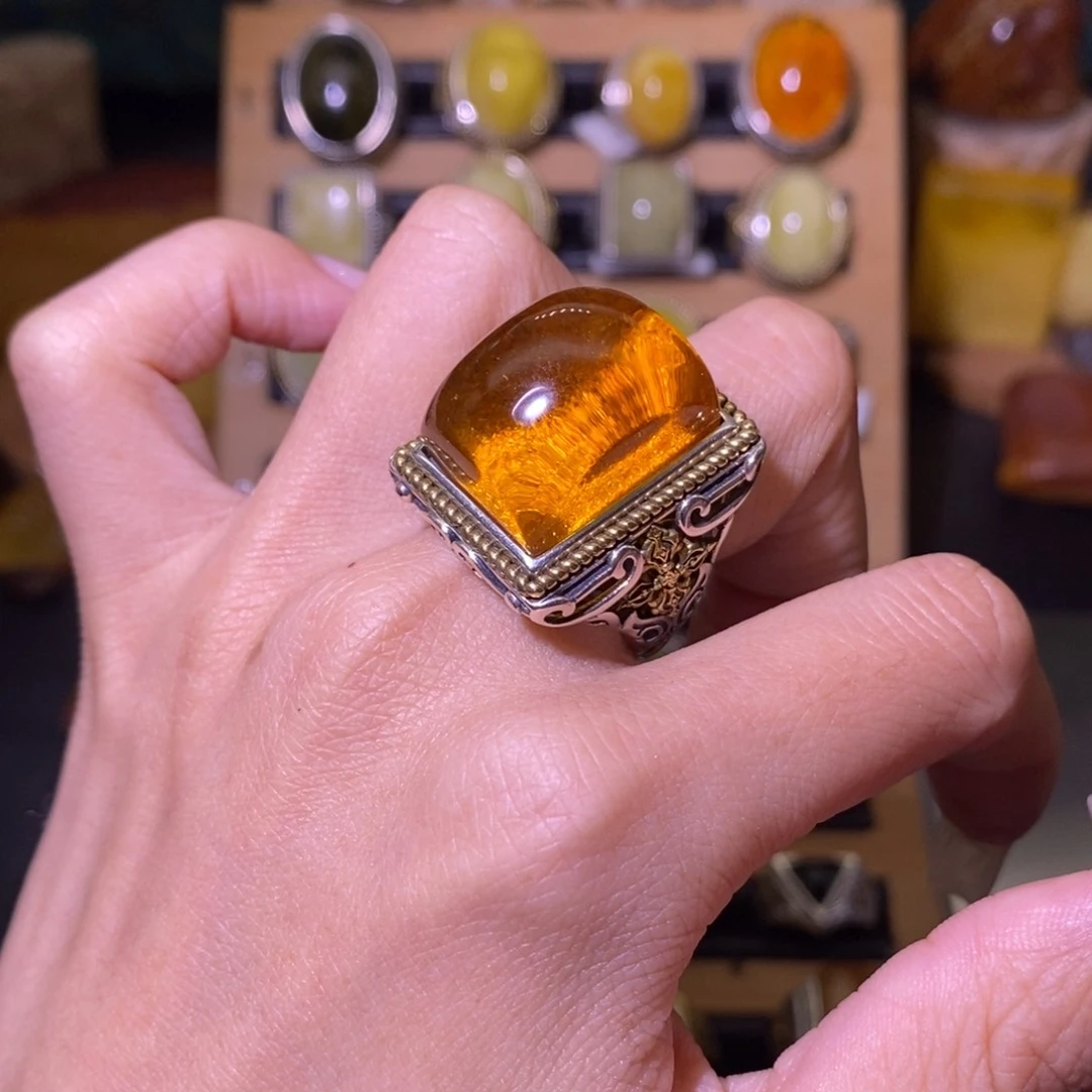 蜜蜡戒指银S925镶嵌油**叔