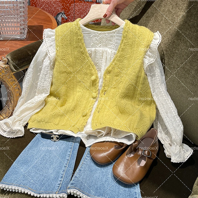 新品巴拉巴拉女童秋季套装2025新款小女孩洋气针织马甲儿童牛仔裤