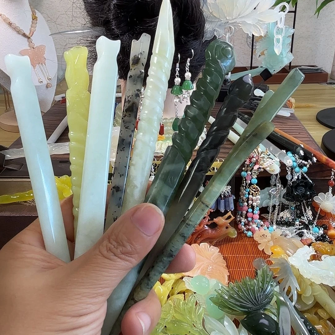 蛇纹石玉合金发饰挑2支