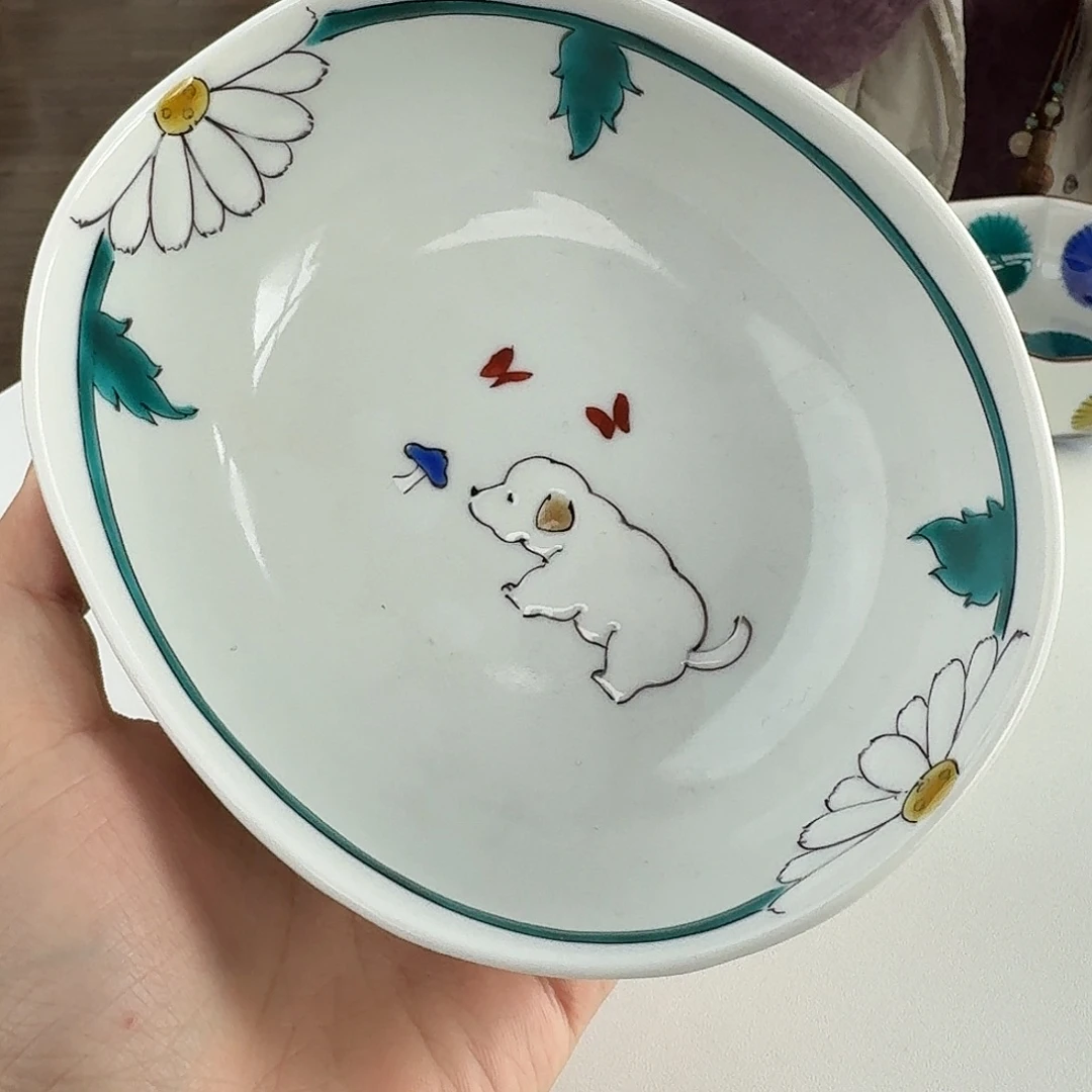 瓷片九谷烧14厘米椭圆钵小狗