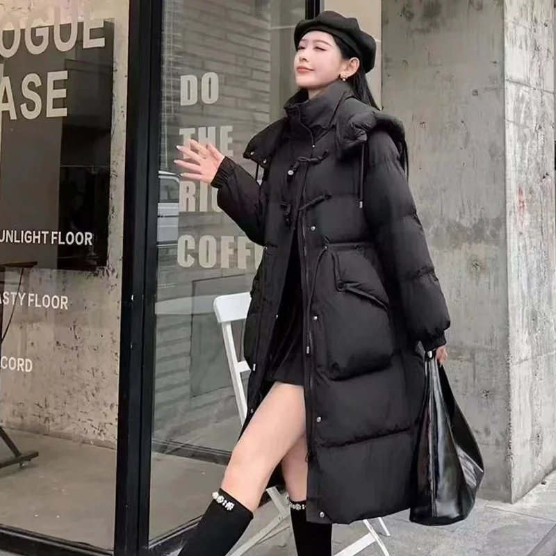 妮妮家8995冬季新款牛角扣收腰连帽韩版外套