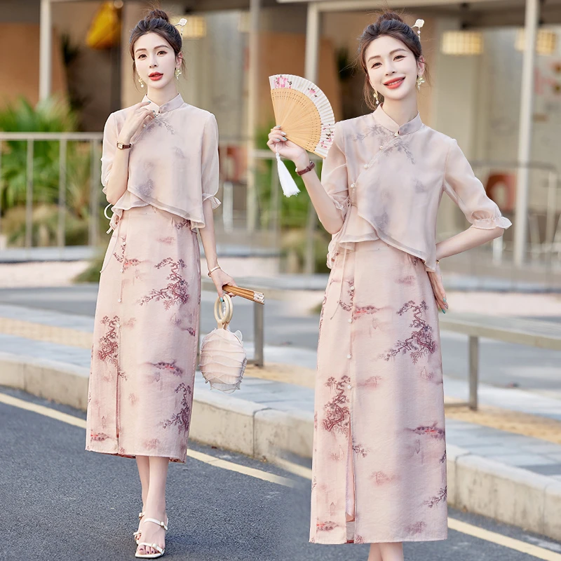 新中式轻风套装女2025夏季新款高级感禅意改良旗袍连衣裙两件套