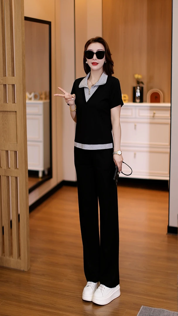 时尚休闲套装女2025年春秋显瘦气质洋气上衣减龄遮肚子短袖两件套