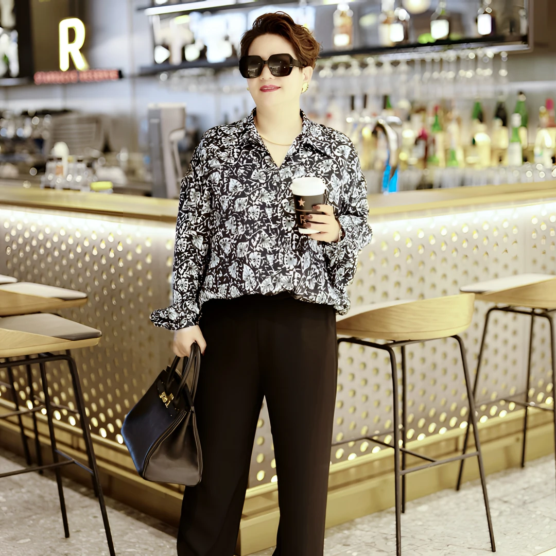 向红同学2025早春长袖典雅法式轻奢百搭树叶印花衬衫SY091