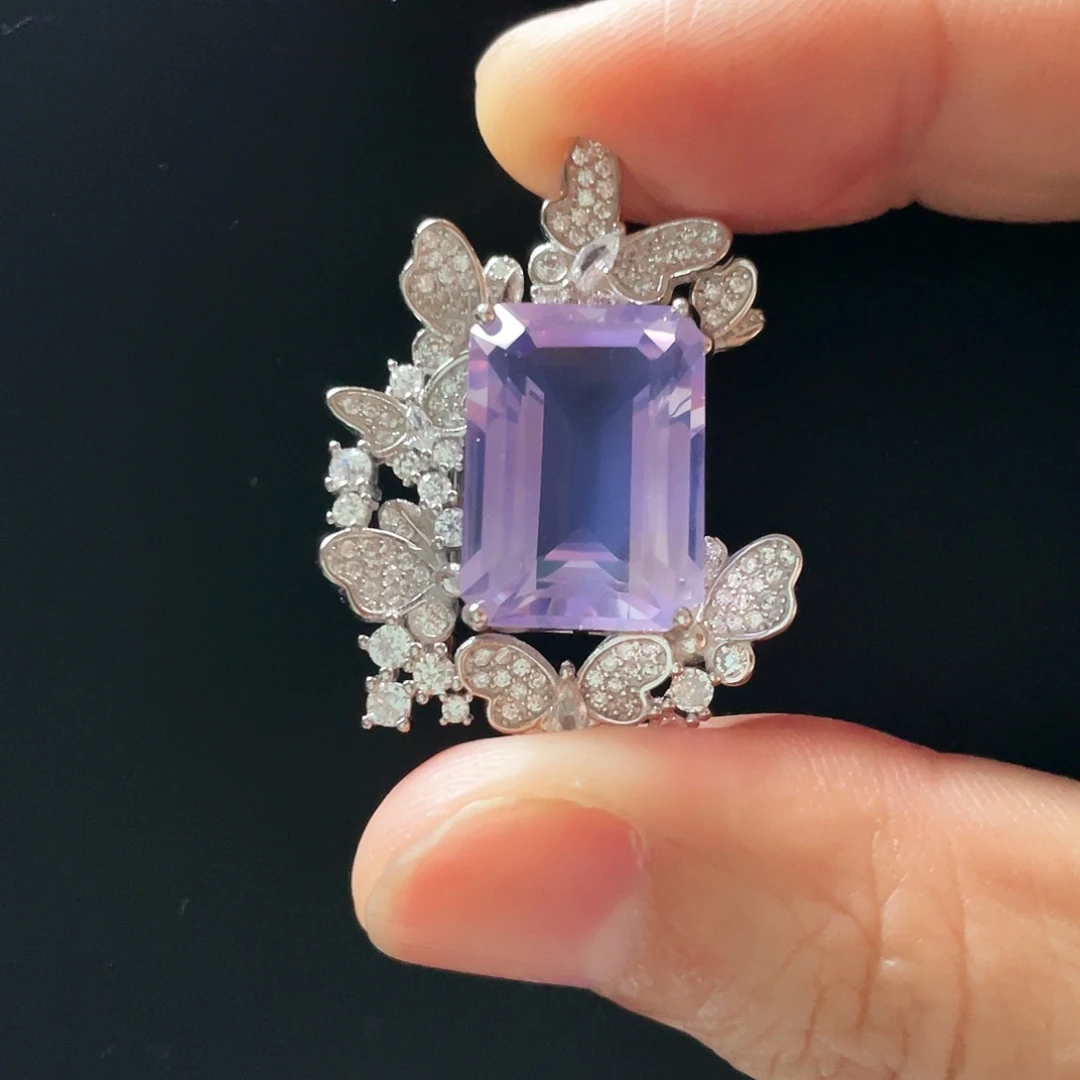 紫晶吊坠(不含链)银S925镶嵌胸针吊坠两用款