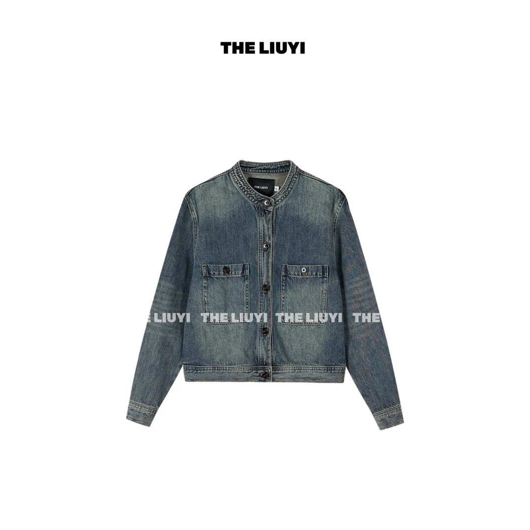【LIUYI】中古牛仔~设计感圆领做旧蓝工装牛仔夹克外套58263