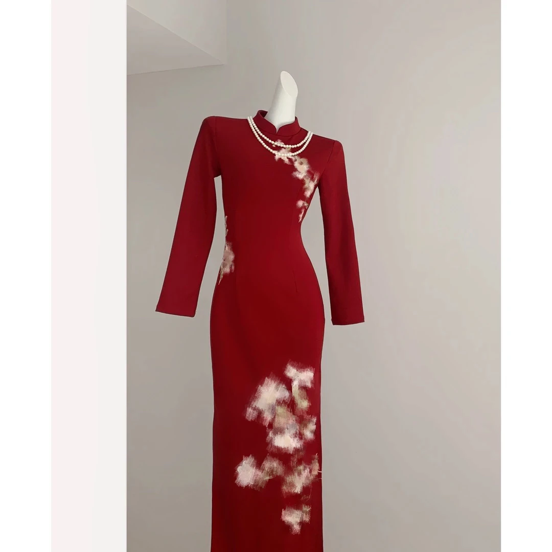 桃夭自制百年好合订婚结婚新中式连衣裙红百合花刺绣改良旗袍