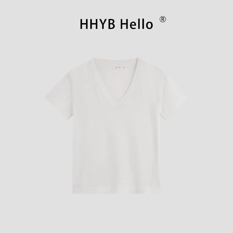 HHYB Hello百搭纯色V领短袖针织衫2025新款纯棉简约显瘦上衣M1058
