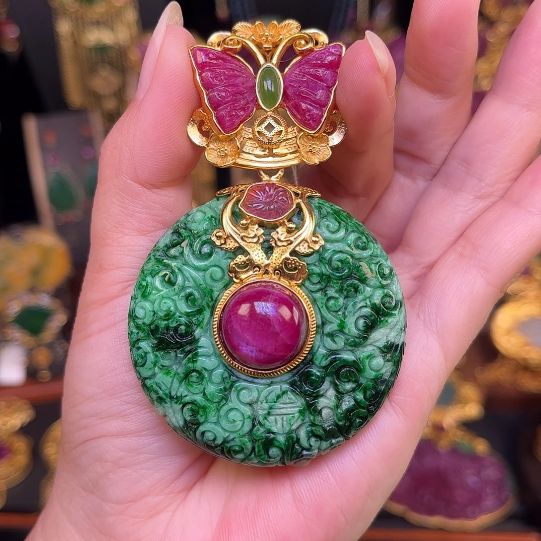 翡翠银S925镀金镶嵌吊坠(不含链)花青翡翠红宝石吊坠