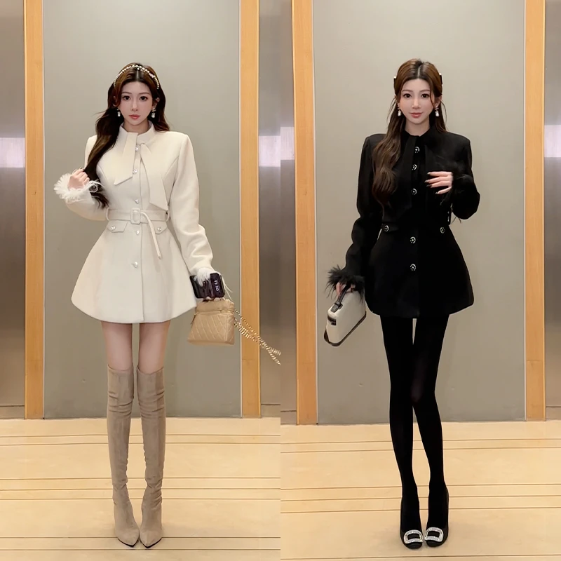 小雨姐姐【复刻许妍】领结收腰单面毛呢中长款绗棉内里外套冬季新款