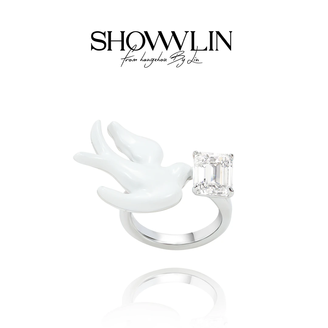 ShownLin 铜合金珐琅戒指 “燕归来”白色开口戒指小众时尚