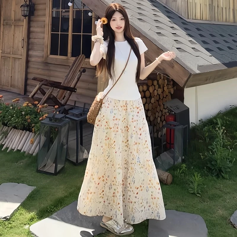 碎花半身裙女夏季薄款2025新款高腰显瘦中长款垂感蓬蓬裙a字裙子