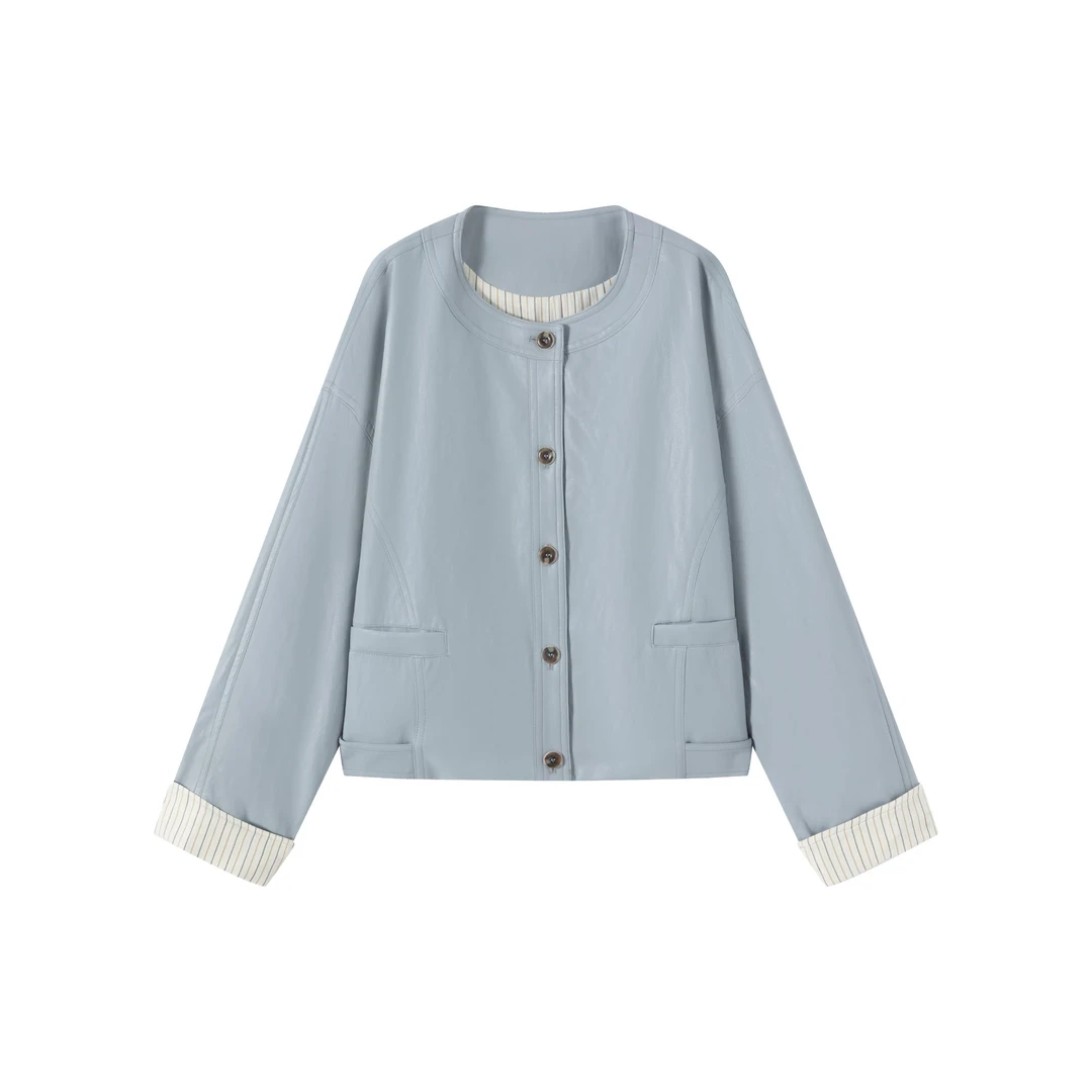 短款极简皮衣风衣衬衫袖口PU皮极简设计防风早春款百搭显瘦简约